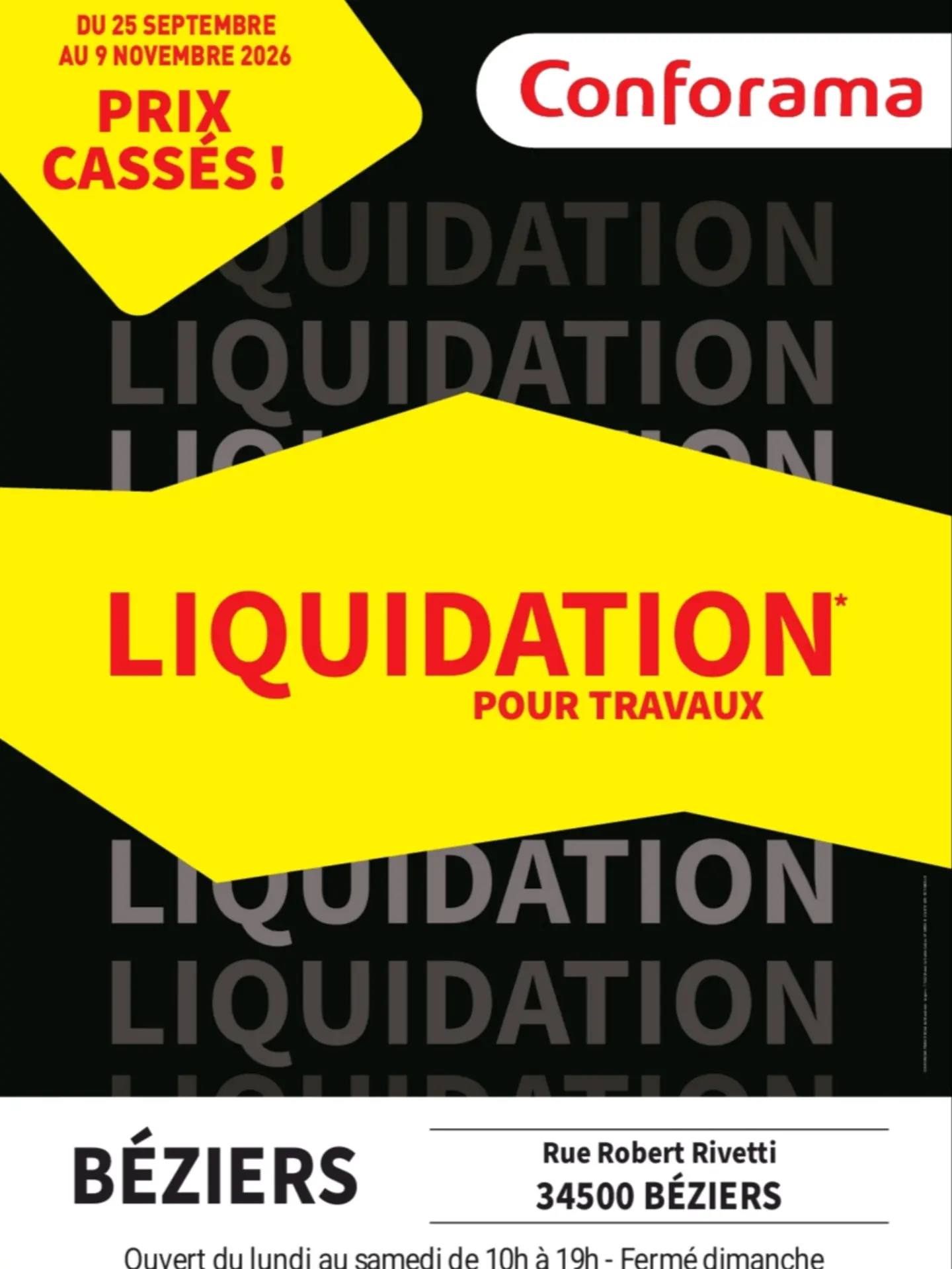 Affiche de liquidation — Conforama béziers